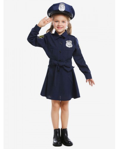 Girls Kids Carnival Costumes Dark Navy Cop Uniform Clothes Dress With Sash Cosplay Wears For Child