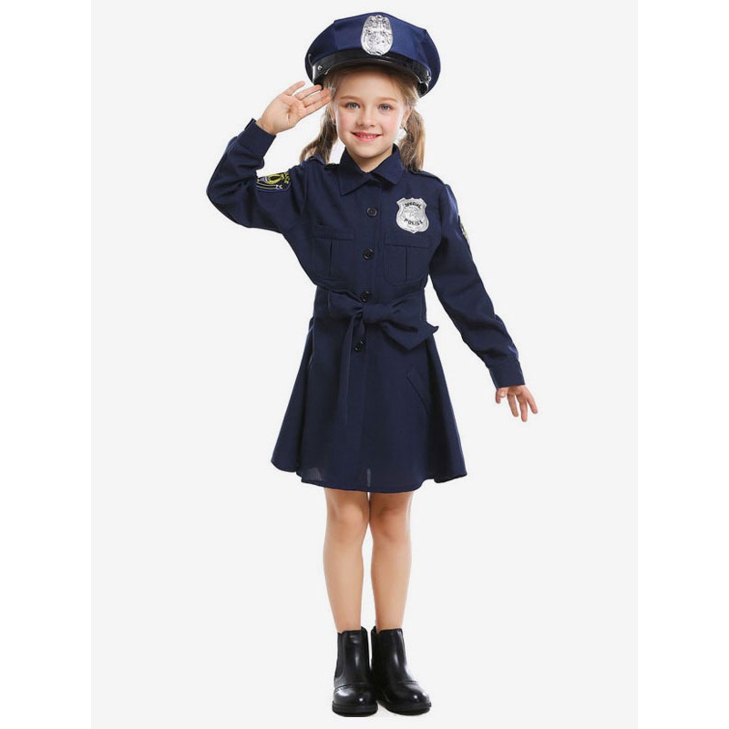 Girls Kids Carnival Costumes Dark Navy Cop Uniform Clothes Dress With Sash Cosplay Wears For Child