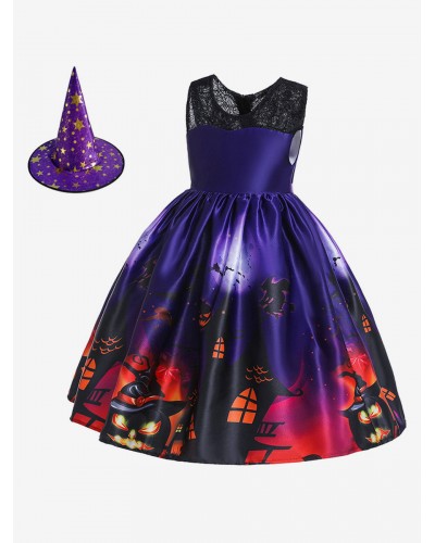 Kids Carnival Cosplay Costumes Lace Print Purple Skater Dress For Child Holiday