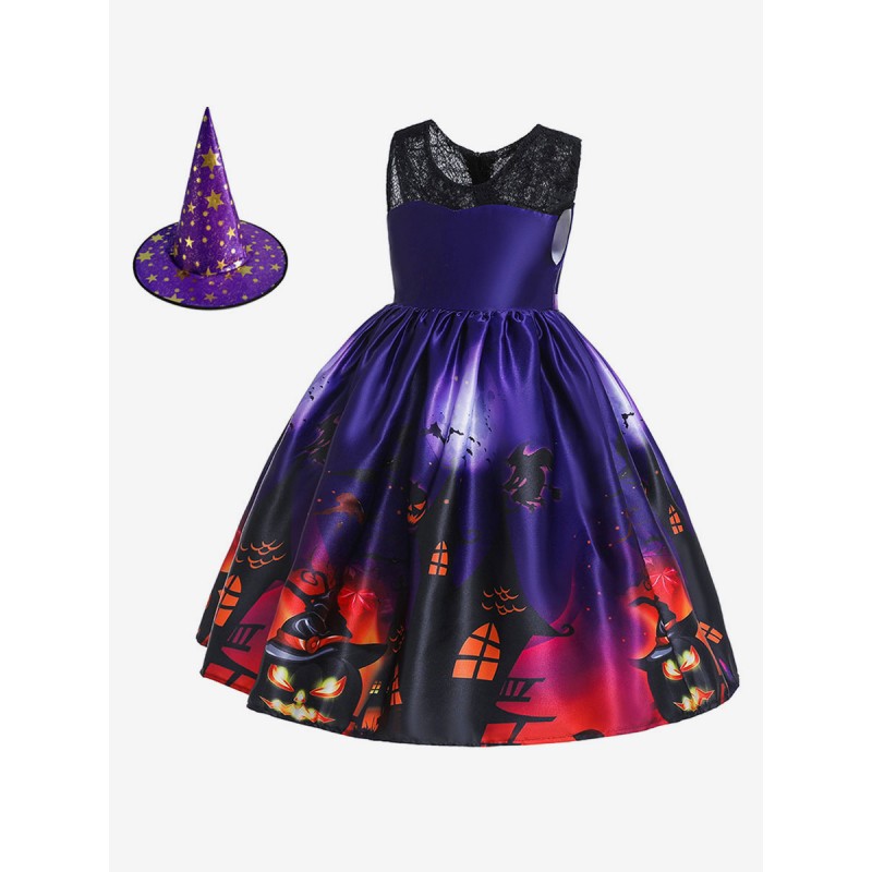 Kids Carnival Cosplay Costumes Lace Print Purple Skater Dress For Child Holiday