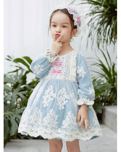 Polyester Daily Casual Ruffles Long Sleeves Cotton Winter Headwear ROCOCO Style Light Sky Blue Kids' Lolita Dresses