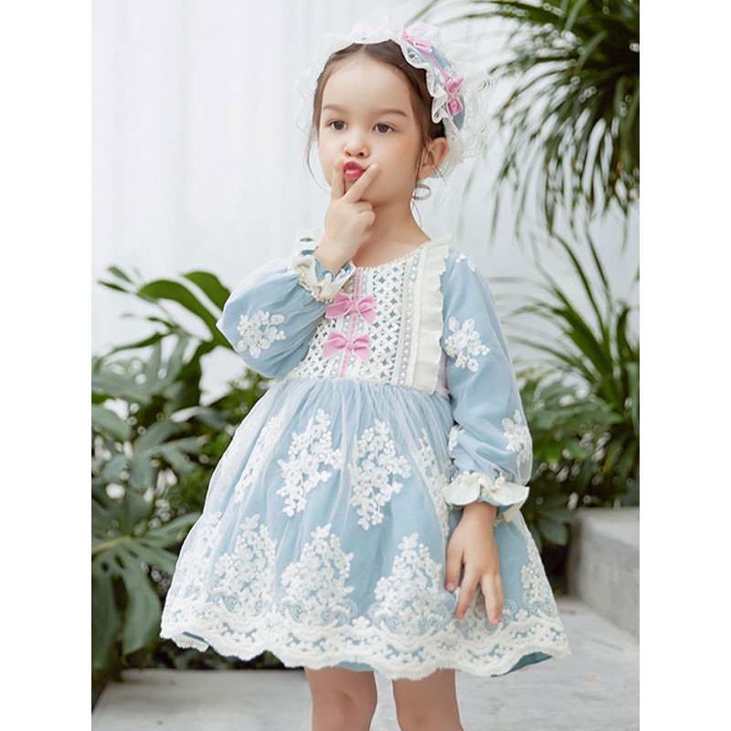 Polyester Daily Casual Ruffles Long Sleeves Cotton Winter Headwear ROCOCO Style Light Sky Blue Kids' Lolita Dresses