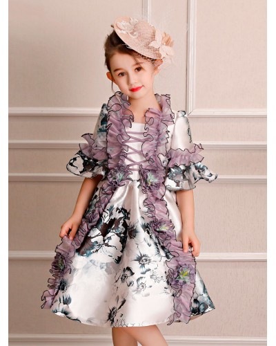 Kids Carnival Costumes Little Girls Rococo Dress White Printed Ruffles Half Sleeve Royal Child Vintage Outfits Halloween Formal Evening