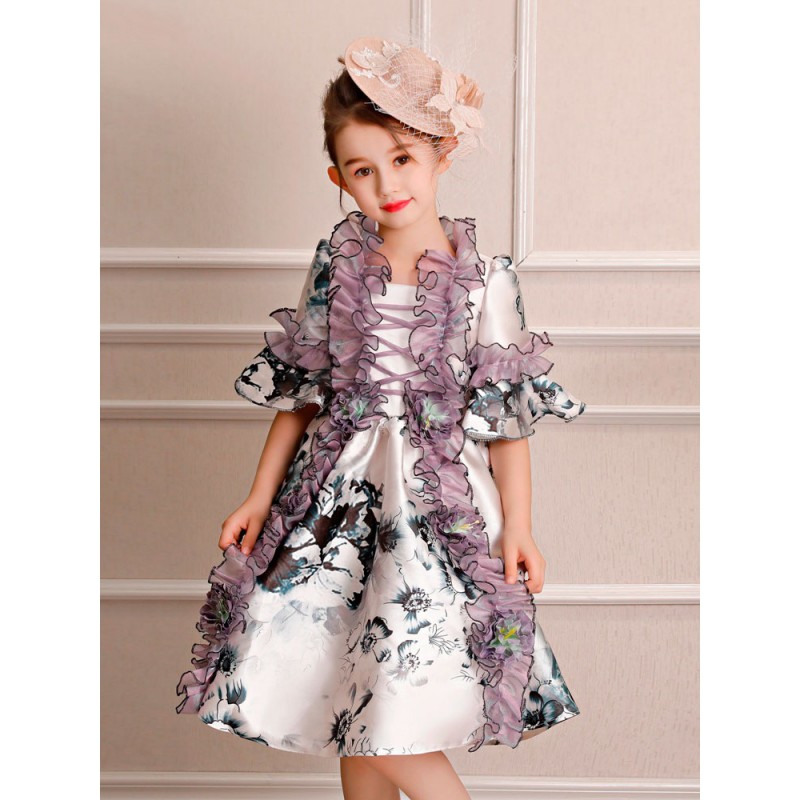 Kids Carnival Costumes Little Girls Rococo Dress White Printed Ruffles Half Sleeve Royal Child Vintage Outfits Halloween Formal Evening