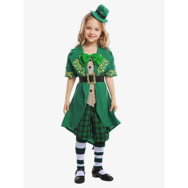 Girls Boys Carnival Costumes For Kids Green Maid Genie Uniform Cosplay Clothes With Bow Tie Hat Cravat