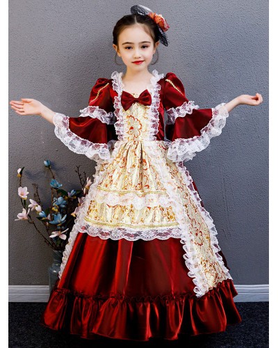 Polyester Fiber Tea Party Draped 3/4 Length Sleeves Polyester Summer Dress Floral Print Burgundy Kids' Lolita Dresses