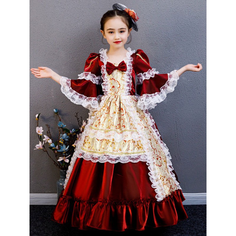 Polyester Fiber Tea Party Draped 3/4 Length Sleeves Polyester Summer Dress Floral Print Burgundy Kids' Lolita Dresses