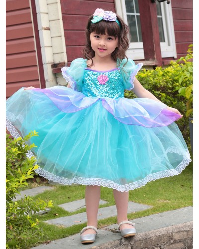 Kids Princess Costume 2-Piece Set Teal Polyester Princess Dress Outfit Party Holiday Ball Cosplay