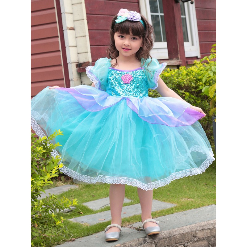 Kids Princess Costume 2-Piece Set Teal Polyester Princess Dress Outfit Party Holiday Ball Cosplay