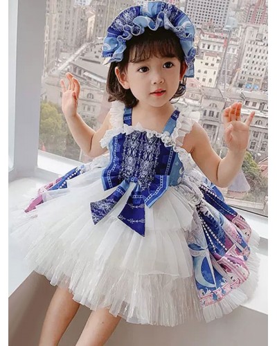 Polyester Daily Casual Bows Sleeveless Polyester Fall Dress Floral Print Blue Kids' Lolita Dresses Sweet ROCOCO