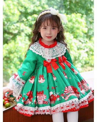 Polyester Daily Casual Bows Long Sleeves Polyester Spring Dress Floral Print Style Green Kids' Lolita Dresses Sweet ROCOCO