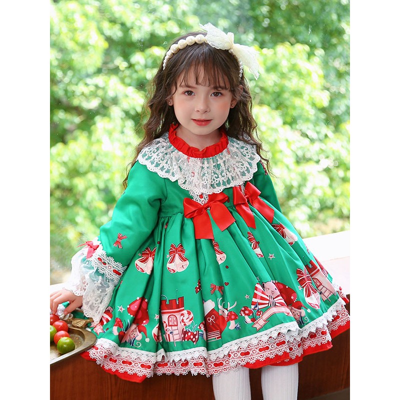 Polyester Daily Casual Bows Long Sleeves Polyester Spring Dress Floral Print Style Green Kids' Lolita Dresses Sweet ROCOCO