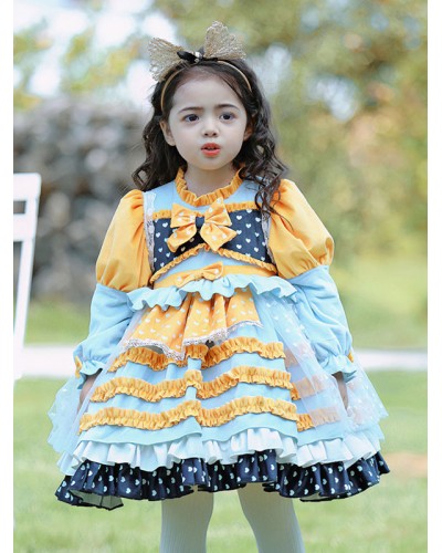 Polyester Tea Party Bows Long Sleeves Polyester Spring Dress Hearts Pattern Yellow Kids' Lolita Dresses Sweet ROCOCO