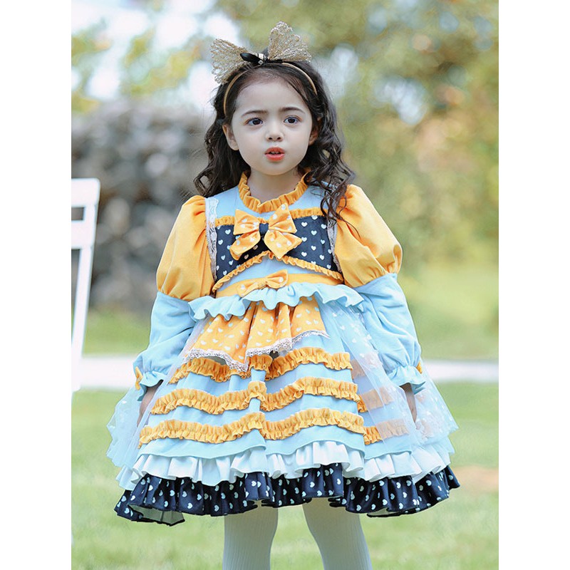 Polyester Tea Party Bows Long Sleeves Polyester Spring Dress Hearts Pattern Yellow Kids' Lolita Dresses Sweet ROCOCO