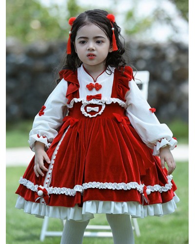 Polyester Daily Casual Ruffles Long Sleeves Polyester Winter Dress Plaid Chinese Style Red Kids' Lolita Dresses Chinese Style