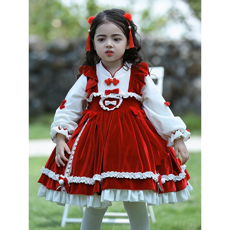 Polyester Daily Casual Ruffles Long Sleeves Polyester Winter Dress Plaid Chinese Style Red Kids' Lolita Dresses Chinese Style