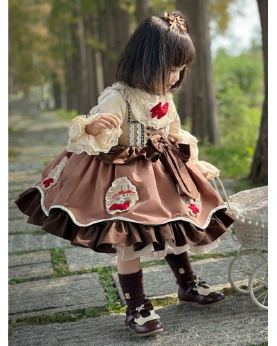 Polyester Tea Party Bows Long Sleeves Polyester Spring Dress Sweet Coffee Brown Kids' Lolita Dresses