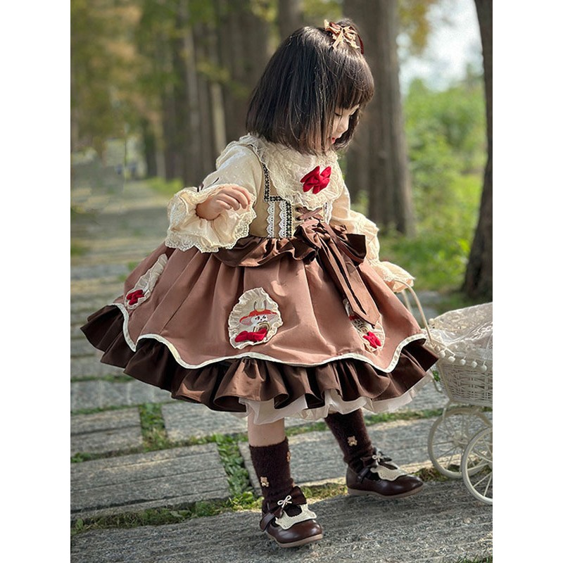 Polyester Tea Party Bows Long Sleeves Polyester Spring Dress Sweet Coffee Brown Kids' Lolita Dresses