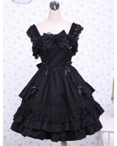 Lolita Dress JSK Black Ruffles Bow Lace Trim Lolita Jumper Skirt Gothic Summer Tea Party