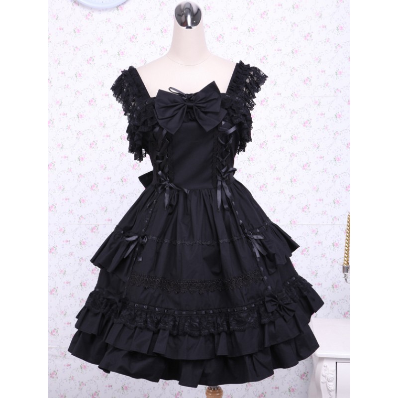 Lolita Dress JSK Black Ruffles Bow Lace Trim Lolita Jumper Skirt Gothic Summer Tea Party