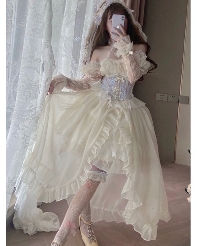 Lolita Dresses Tea Party Style Lolita Skirt Lace Short Sleeves Polyester Sweet Light Sky Blue