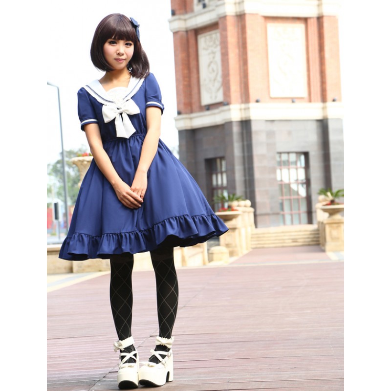 Lolita Dress Sailor Style Girl Asibuto Penta OP Lolita One Piece Dress  Sweet Summer Daily Casual