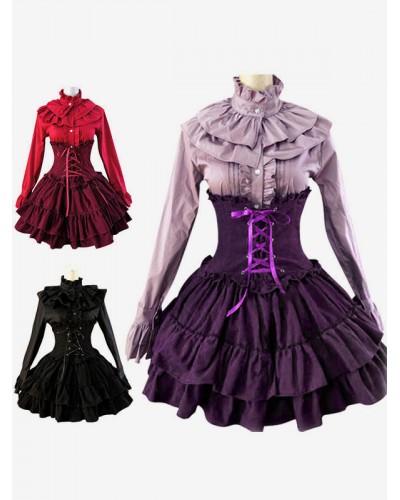 Lolita Dress SK Lavender High Waist Lace Up Ruffles Lolita Skirt Gothic Fall Tea Party