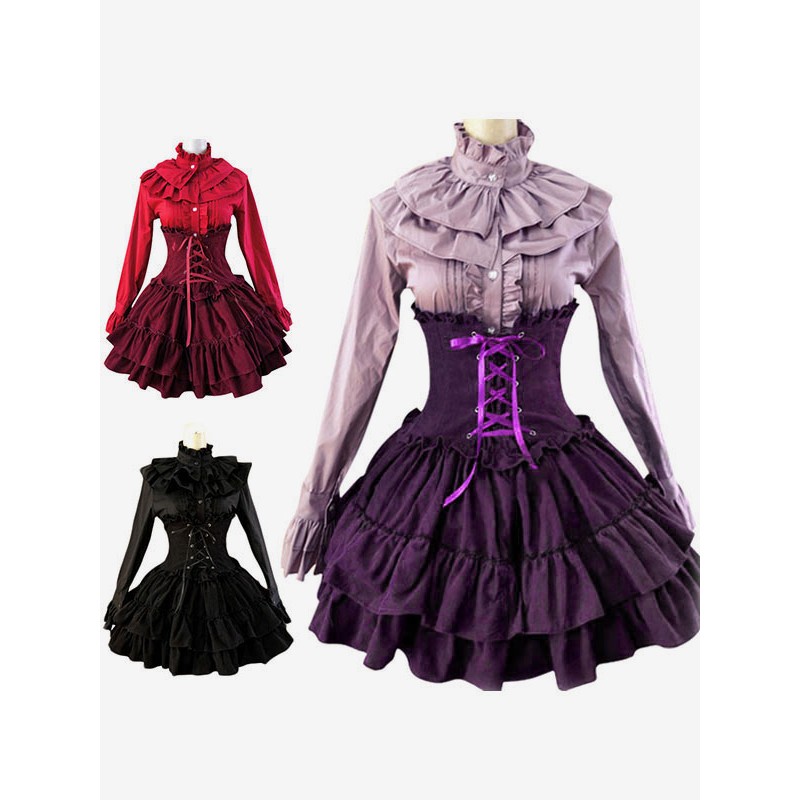 Lolita Dress SK Lavender High Waist Lace Up Ruffles Lolita Skirt Gothic Fall Tea Party