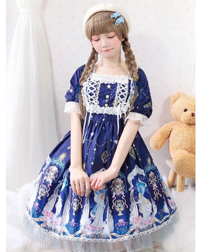 Lolita OP Dress Lace Blue Short Sleeves Lolita One Piece Dresses Sweet Spring Fall Daily Casual