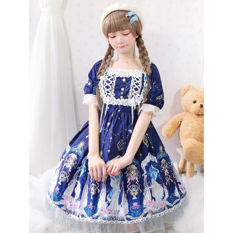 Lolita OP Dress Lace Blue Short Sleeves Lolita One Piece Dresses Sweet Spring Fall Daily Casual