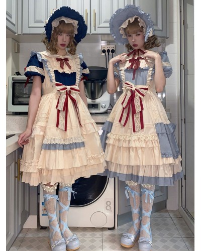 Sweet Lolita OP Dress Cotton Short Sleeves Bows Ruffles Lace Blue Lolita One Piece Dress