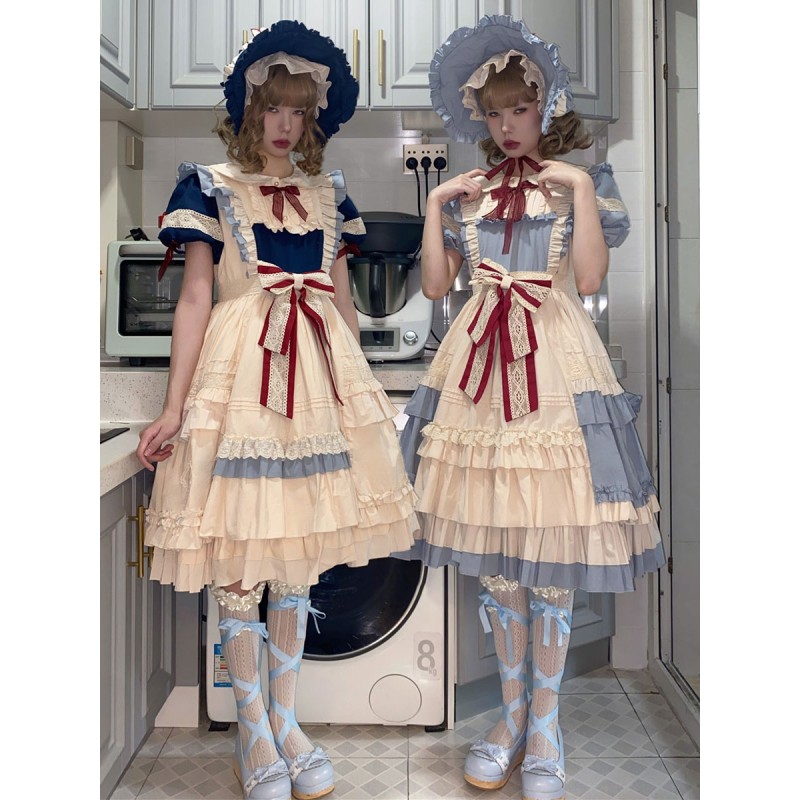 Sweet Lolita OP Dress Cotton Short Sleeves Bows Ruffles Lace Blue Lolita One Piece Dress