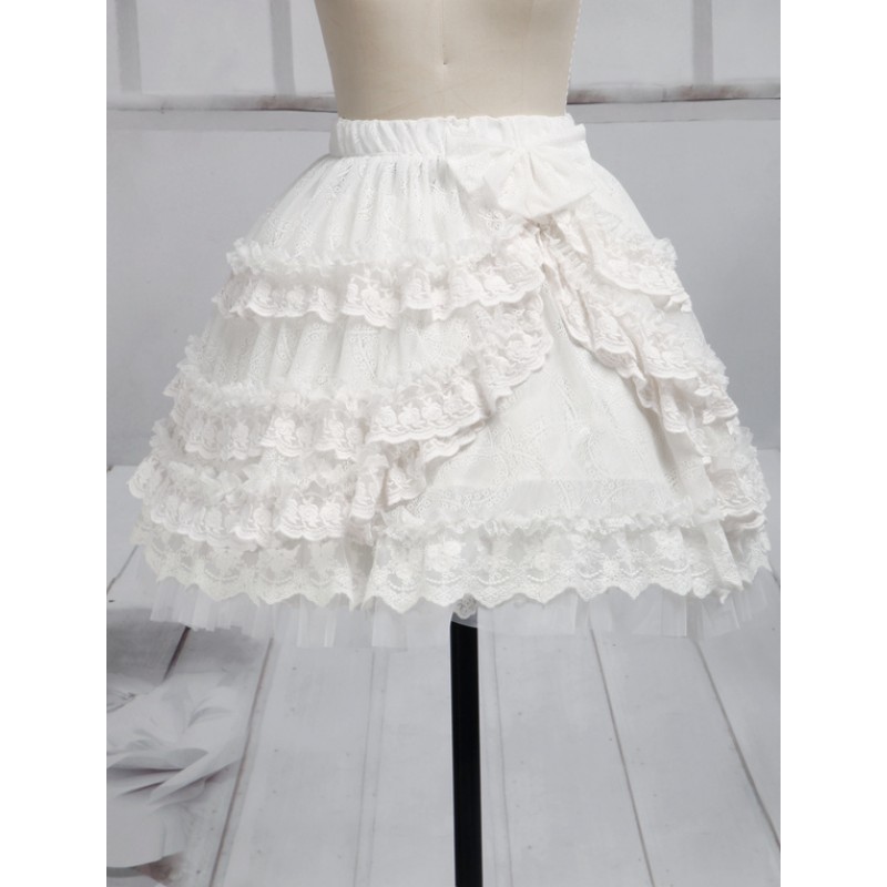 Pure White Lace Lolita Short Skirt Lace Trim Ruffles Summer Daily Casual