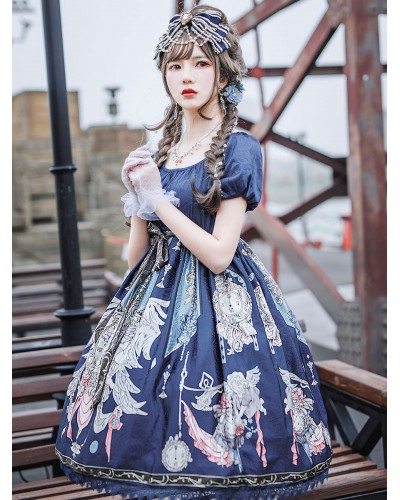 Classic Lolita OP Dress Infanta Fairytale Theme Floral Print Pattern Deep Blue Lace Lolita One Piece Dresses Spring Summer Fall Daily Casual