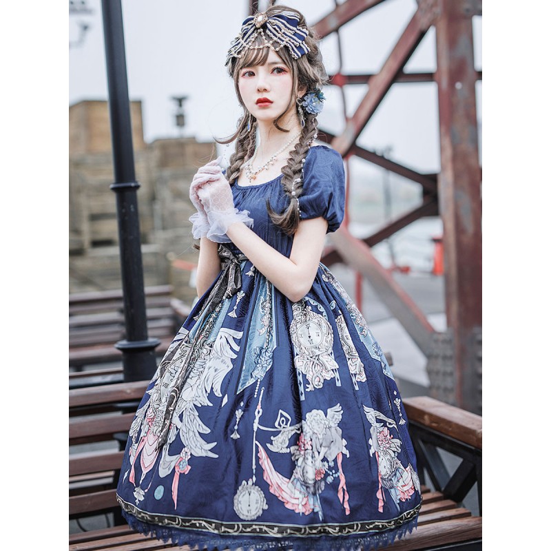 Classic Lolita OP Dress Infanta Fairytale Theme Floral Print Pattern Deep Blue Lace Lolita One Piece Dresses Spring Summer Fall Daily Casual