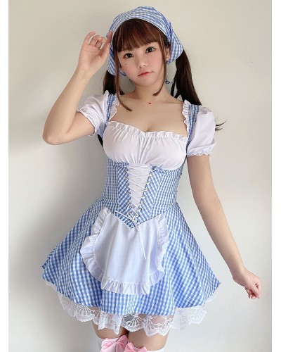 Sweet Lolita OP Dress Baby Blue Lace Up Plaid Ruffle Maid Lolita One Piece Dresses Sailor Spring Summer Daily Casual