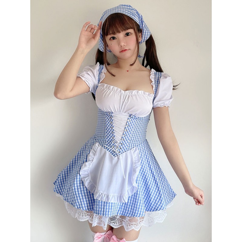 Sweet Lolita OP Dress Baby Blue Lace Up Plaid Ruffle Maid Lolita One Piece Dresses Sailor Spring Summer Daily Casual