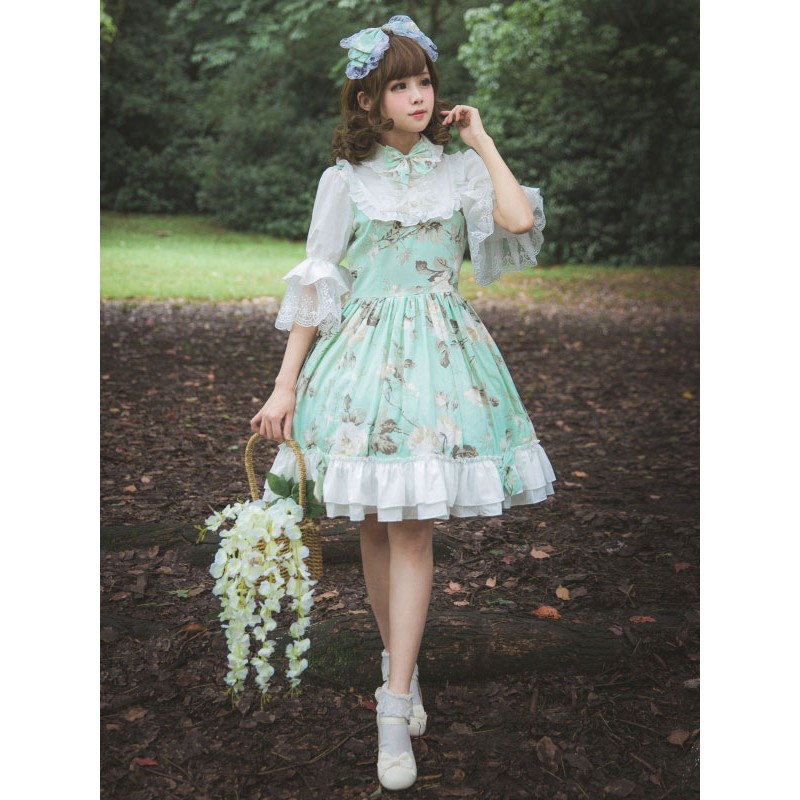 Classic Lolita OP Dress Flower Melody Bow Ruffle Pleated Lolita One Piece Dress Classic  Traditional Spring Summer Fall Daily Casual Tea Party