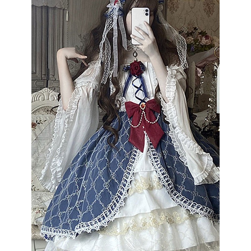 Sweet Lolita OP Dress Polyester Long Sleeves Dress Bow Two-Tone Lace Plaid Pattern Lolita One Piece Dress