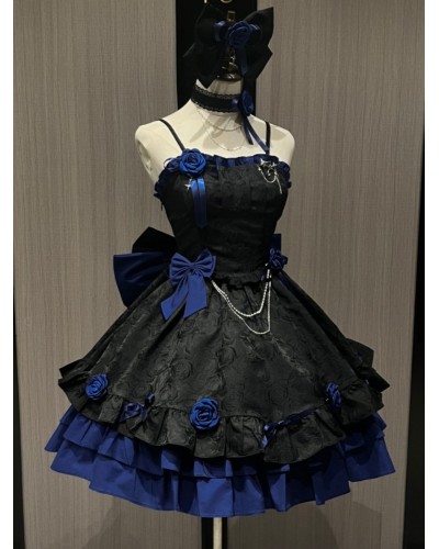 Gothic Lolita Dresses Rose Ruffles Jacquard Blue Blue