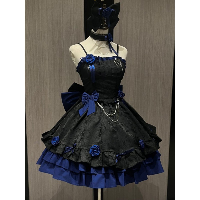 Gothic Lolita Dresses Rose Ruffles Jacquard Blue Blue