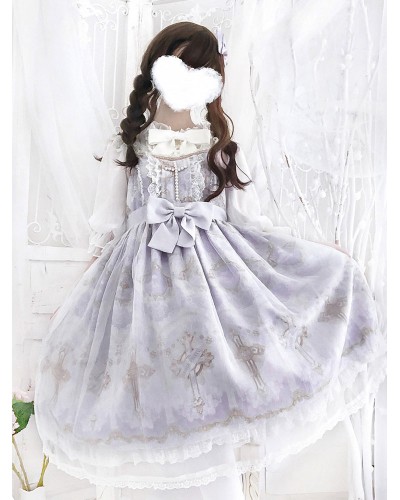 Lolita JSK Dress Lolita Printed Bows Lilac Lolita Jumper Skirts Sweet Spring Fall Tea Party