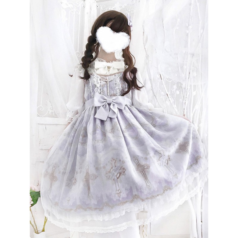 Lolita JSK Dress Lolita Printed Bows Lilac Lolita Jumper Skirts Sweet Spring Fall Tea Party