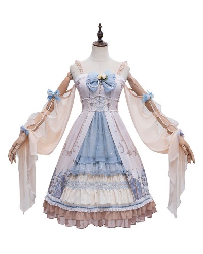 Blue Sweet Lolita JSK Dress Nude Sleeveless Flowers Tiered Lolita Jumper Skirts