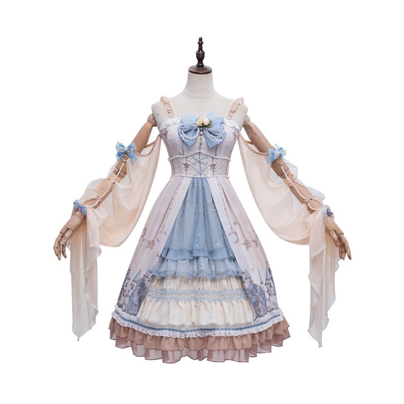 Blue Sweet Lolita JSK Dress Nude Sleeveless Flowers Tiered Lolita Jumper Skirts