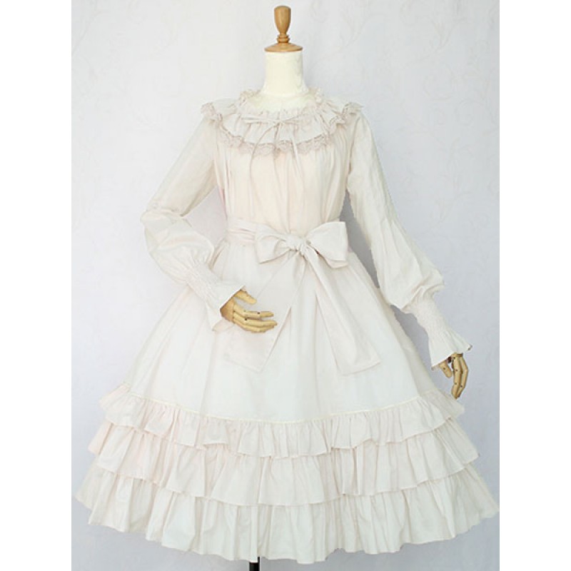 Classic Lolita OP Dress Lace Trim Bow Ruffle Lolita One Piece Dress Classic  Traditional Spring Fall Daily Casual Tea Party