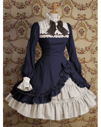 Classic Lolita Dress OP Stand Collar Irregular Ruffles Bow Dress In Deep Blue Classic  Traditional Tea Party