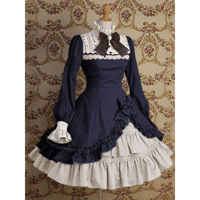 Classic Lolita Dress OP Stand Collar Irregular Ruffles Bow Dress In Deep Blue Classic  Traditional Tea Party