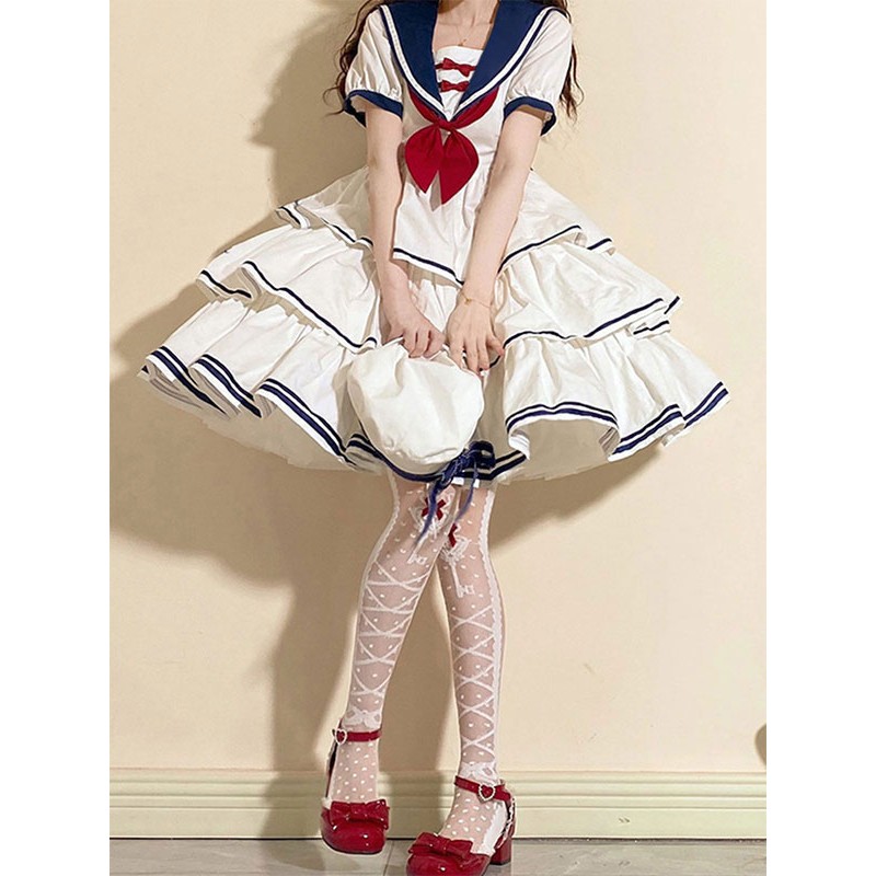 Sweet Lolita Dress Polyester Short Sleeves Dress Navy Style Lolita Dress