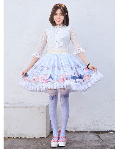 Lace Sweet Lolita SK Light Sky Blue Floral Print Lolita Skirts Daily Casual Tea Party